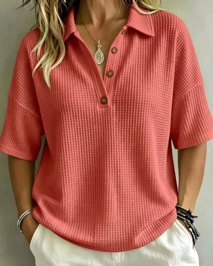 Virginia Relaxed Waffle Polo Top - Coral Red
