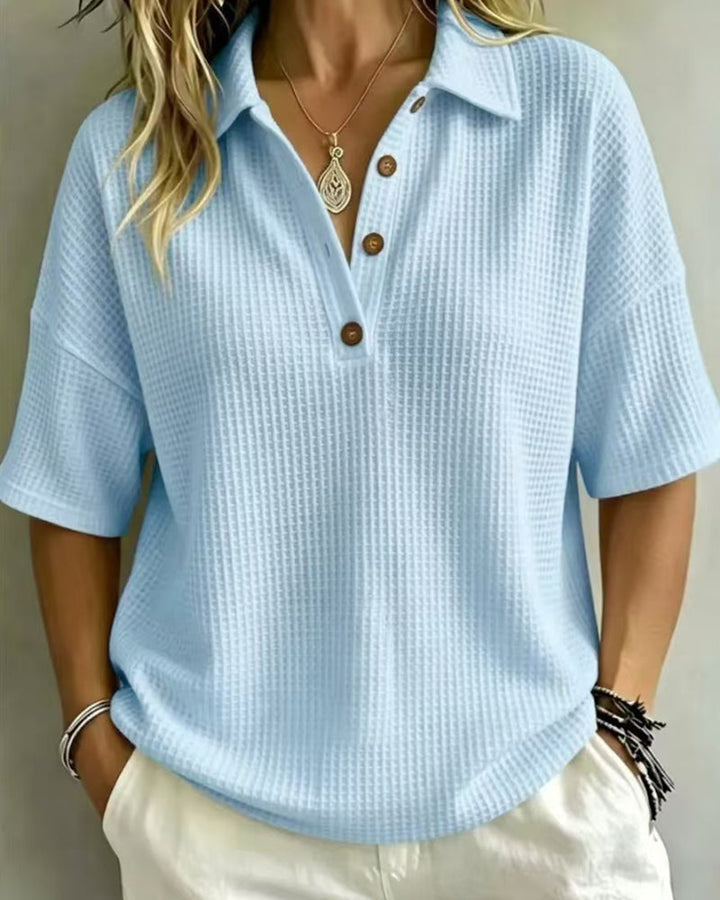Virginia Relaxed Waffle Polo Top - Light Blue