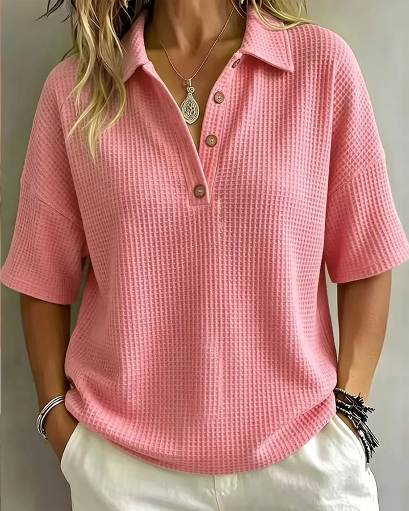 Virginia Relaxed Waffle Polo Top - Peach