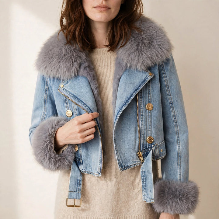 Fur-lined denim coat detail