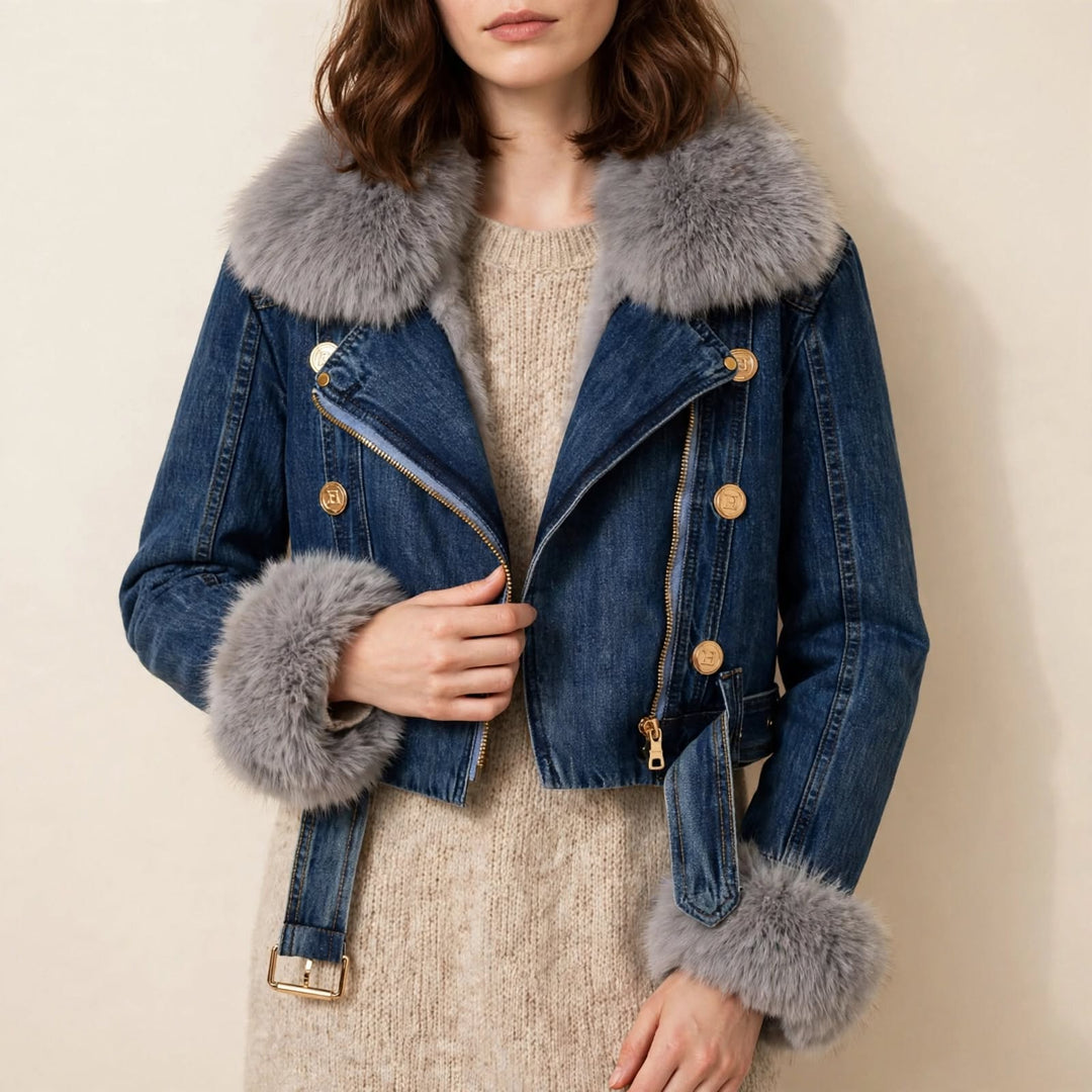 Fur-lined denim coat detail