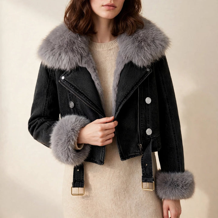 Fur-lined denim coat detail