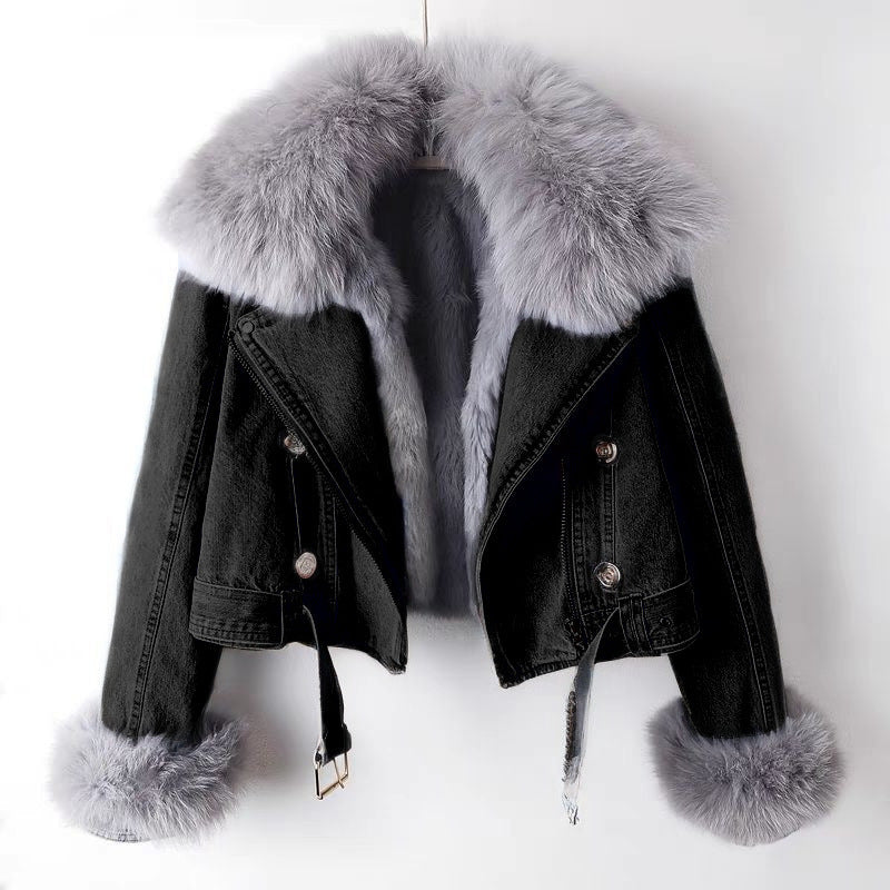 Black fur-lined denim coat