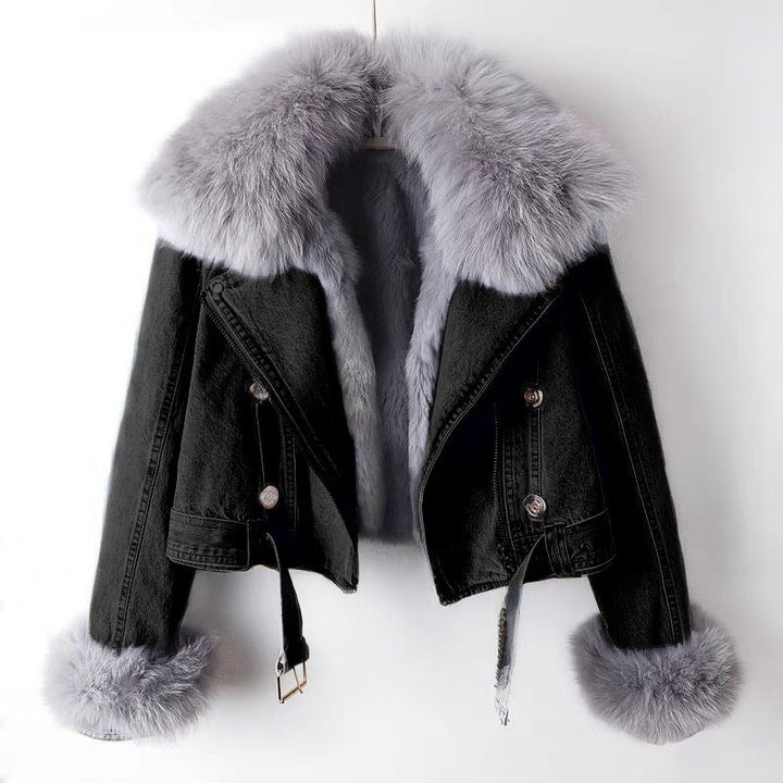 Black fur-lined denim coat