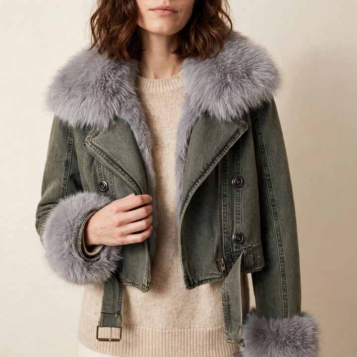 Fur-lined denim coat detail