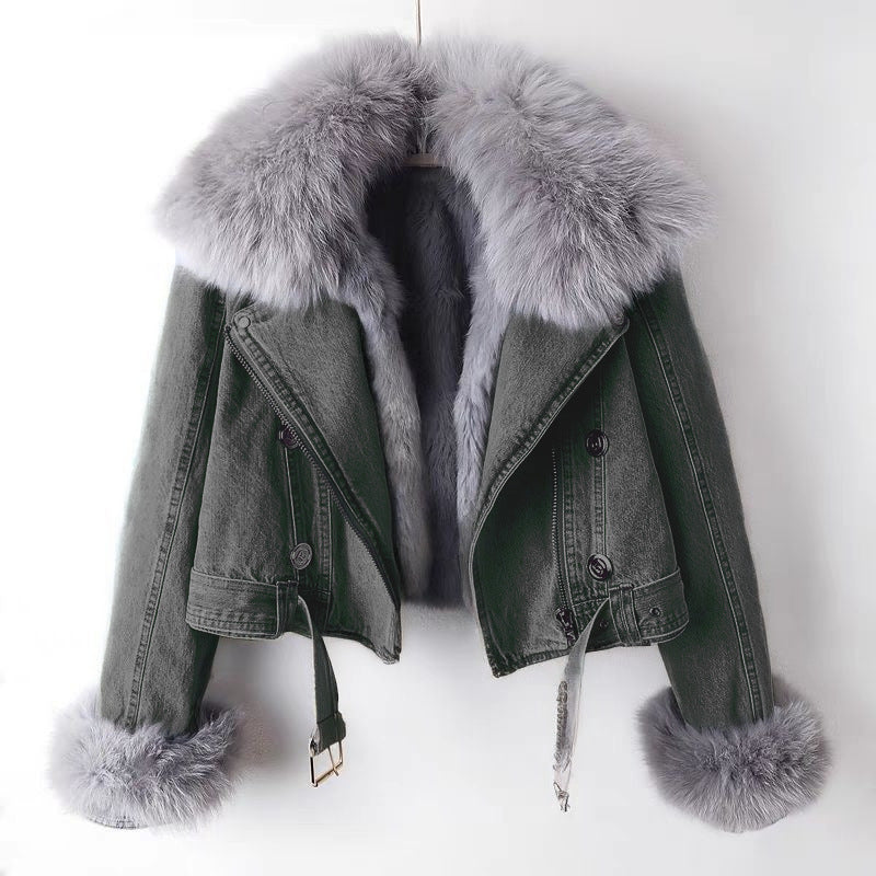 Gray fur-lined denim coat