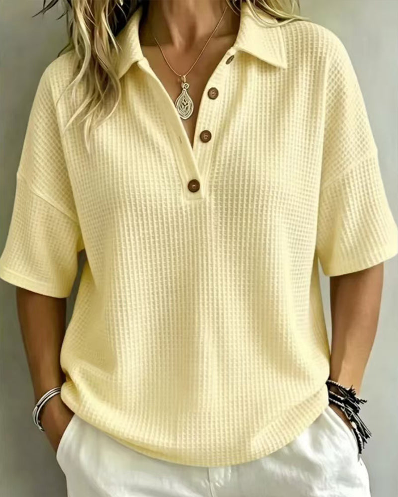 Virginia Relaxed Waffle Polo Top - Butter Yellow