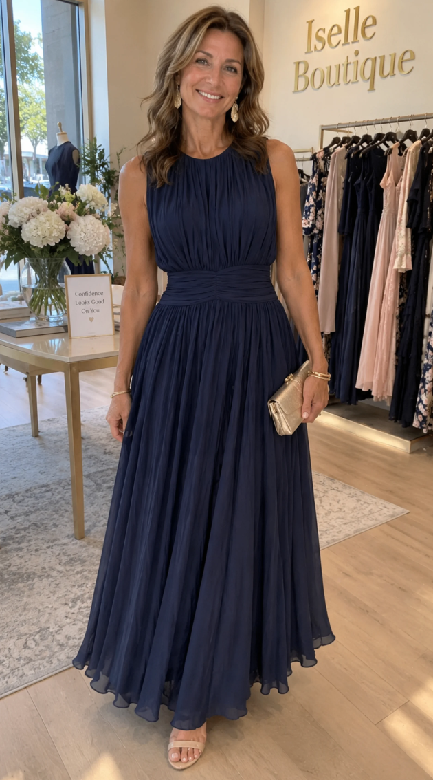 Victoria Ruched Waist Sleeveless Maxi Dress in Navy Blue, worn in store