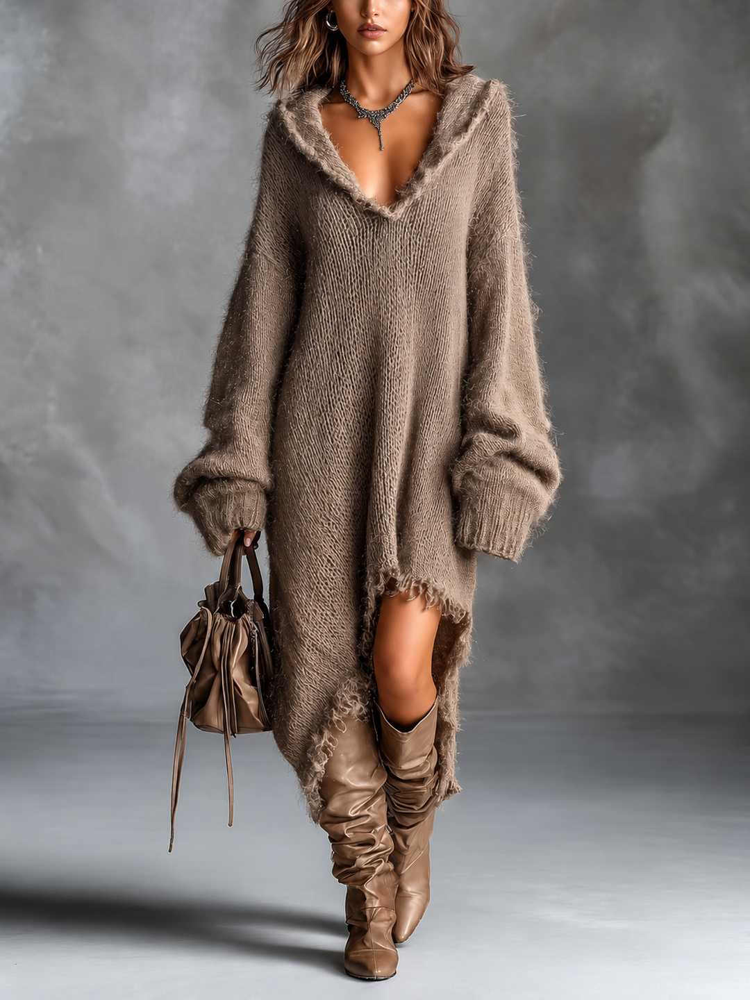 Victoria Oversized Hooded Knit Dress in Khaki