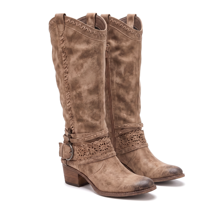 Slouched western boots with harness strap