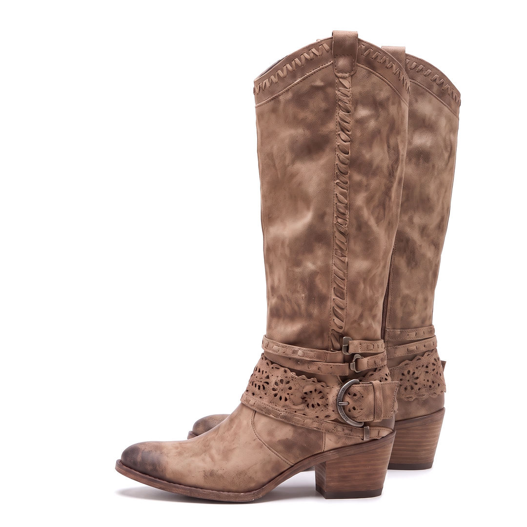 Slouched western boots with harness strap