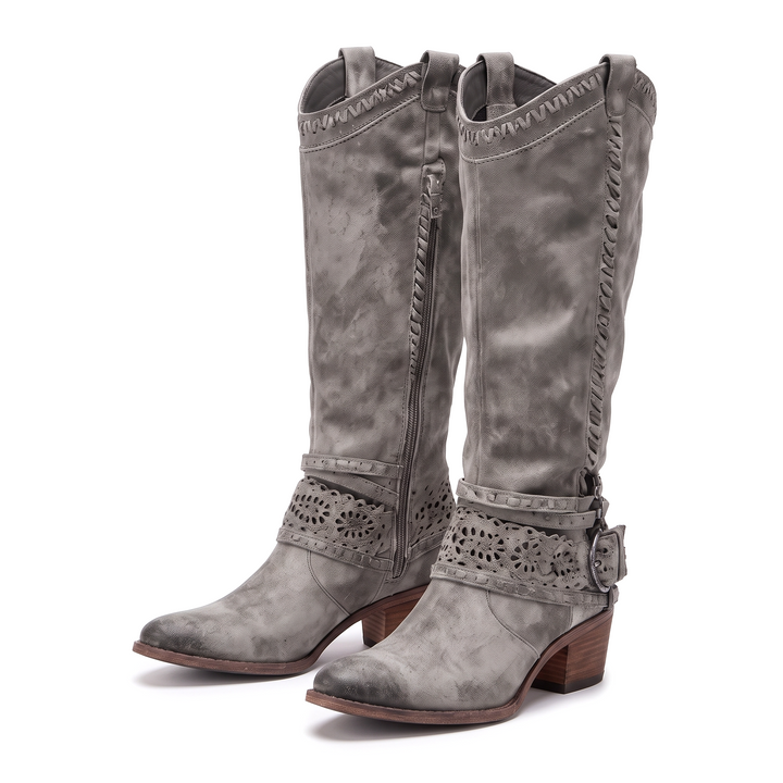 Slouched western boots with harness strap - Gray