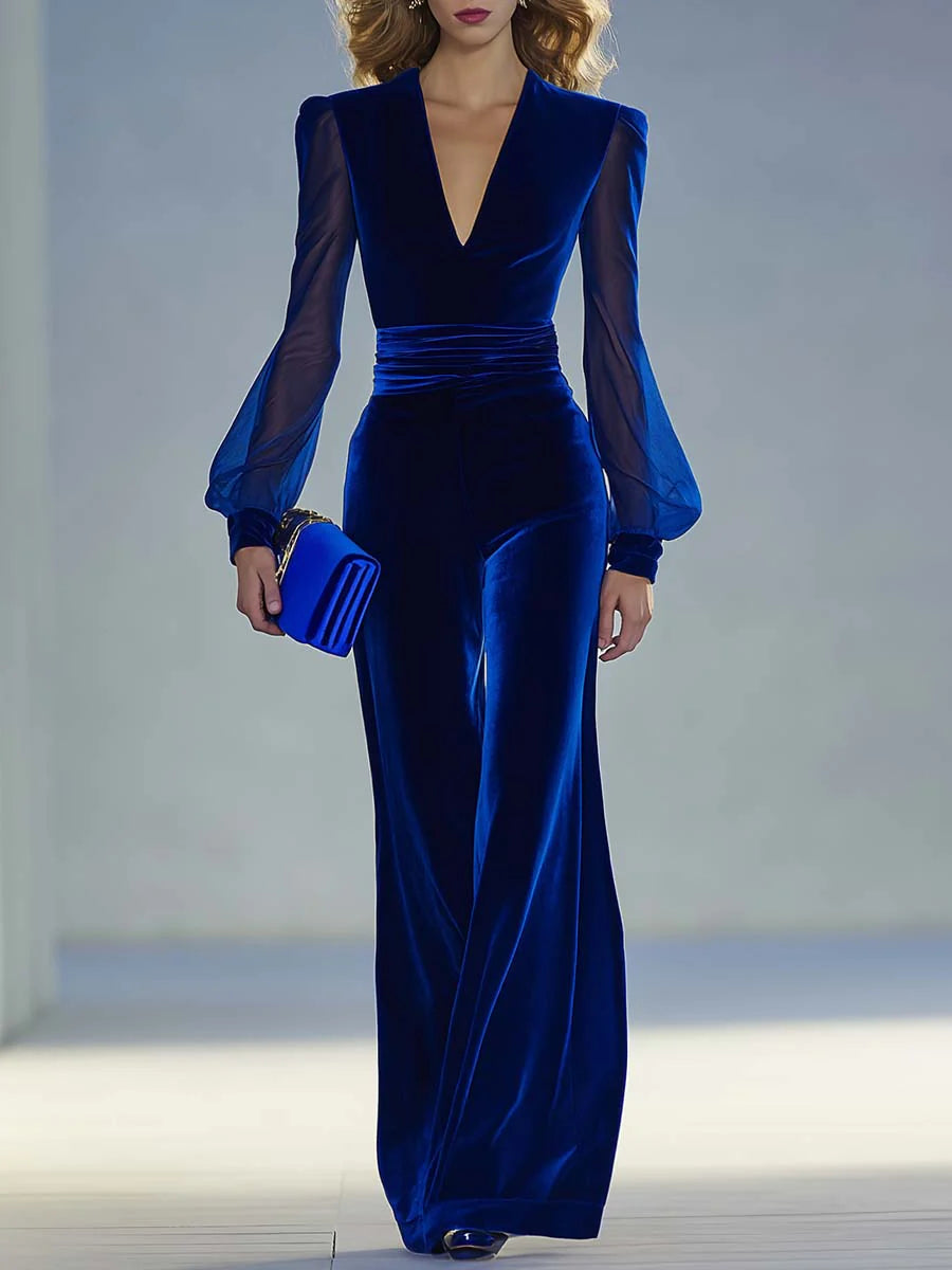 Charlotte | V-Neck Velvet Jumpsuit with Mesh Sleeves