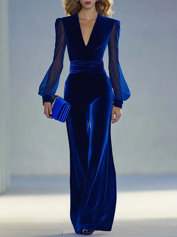 Charlotte | V-Neck Velvet Jumpsuit with Mesh Sleeves
