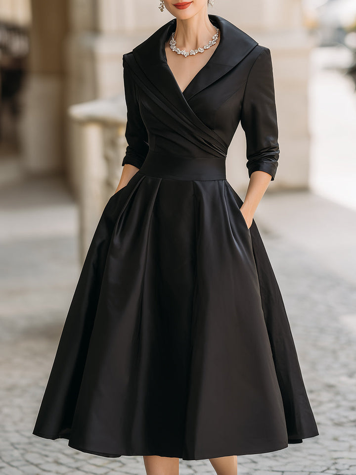 Charlotte Satin Midi Dress With Draped Collar in black