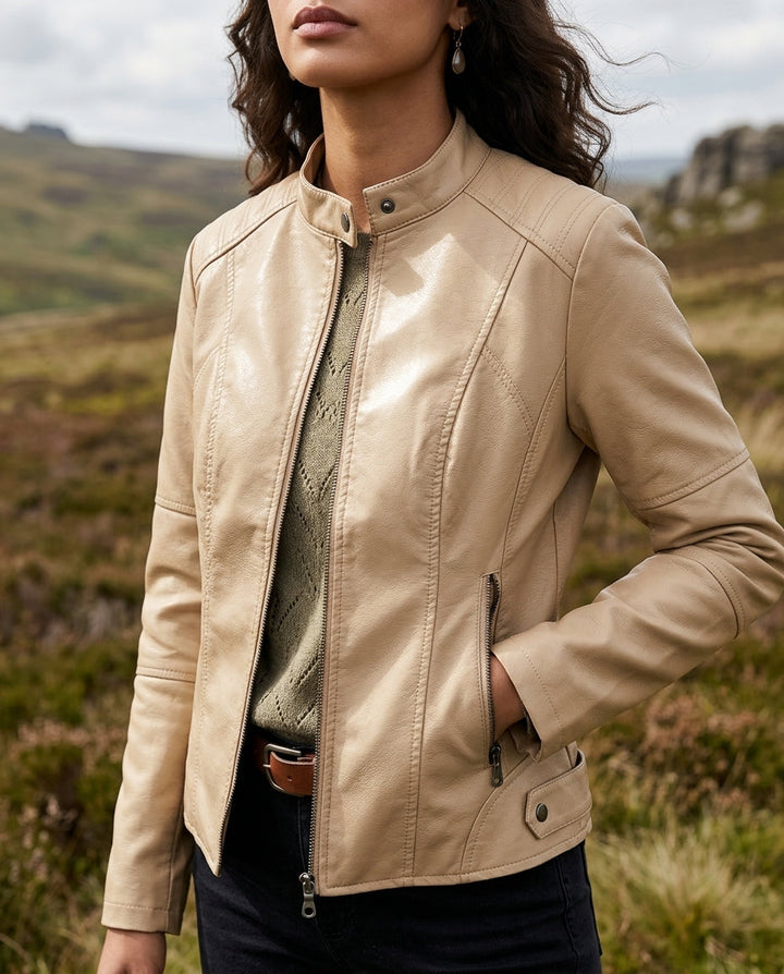 Women's Cropped Faux Leather Jacket - Beige