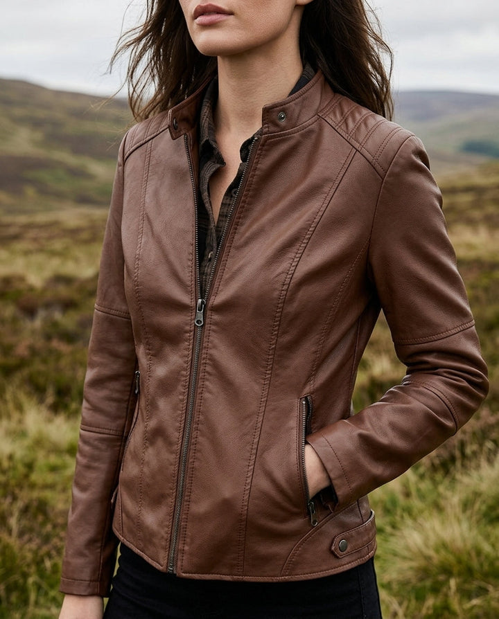 Women's Cropped Faux Leather Jacket - Brown