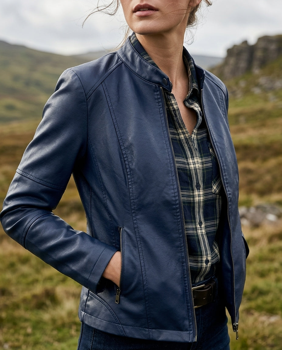 Women's Cropped Faux Leather Jacket - Blue