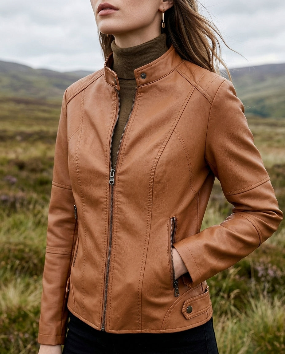 Women's Cropped Faux Leather Jacket - Cognac