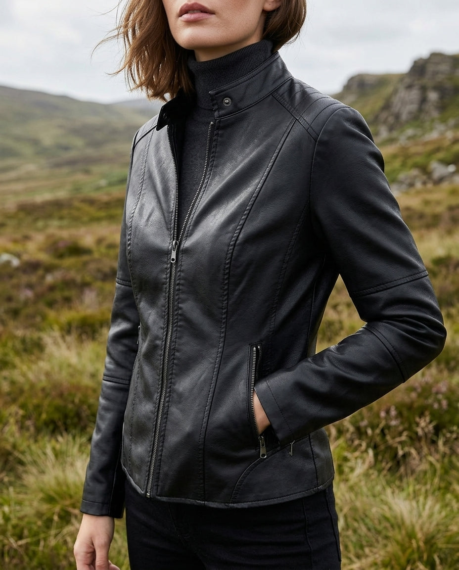 Women's Cropped Faux Leather Jacket - Black