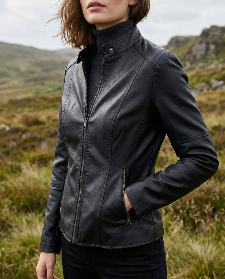 Women's Cropped Faux Leather Jacket - Black