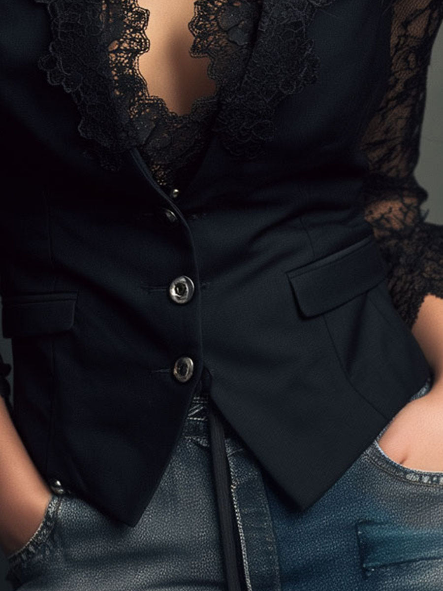 Kathleen | Black Blazer with Semi-Sheer Sleeves