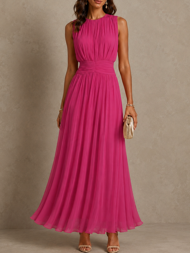 Victoria Ruched Waist Sleeveless Maxi Dress in Pink, full length