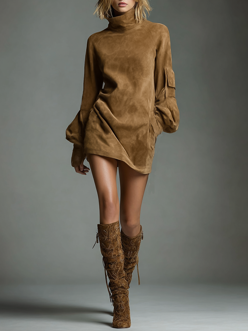 Betty Vintage Suede Turtleneck Mini Dress - Brown