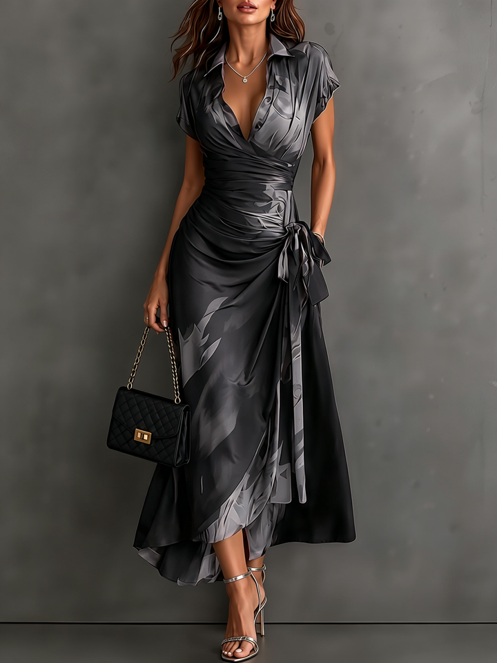 Helen | Brown Abstract Print Wrap Midi Dress