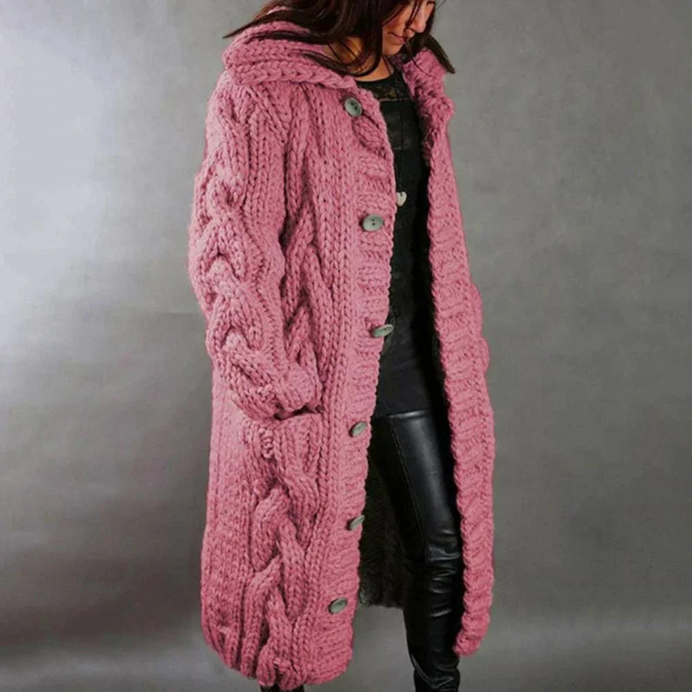 Amy | Long Cable Knit Hooded Cardigan