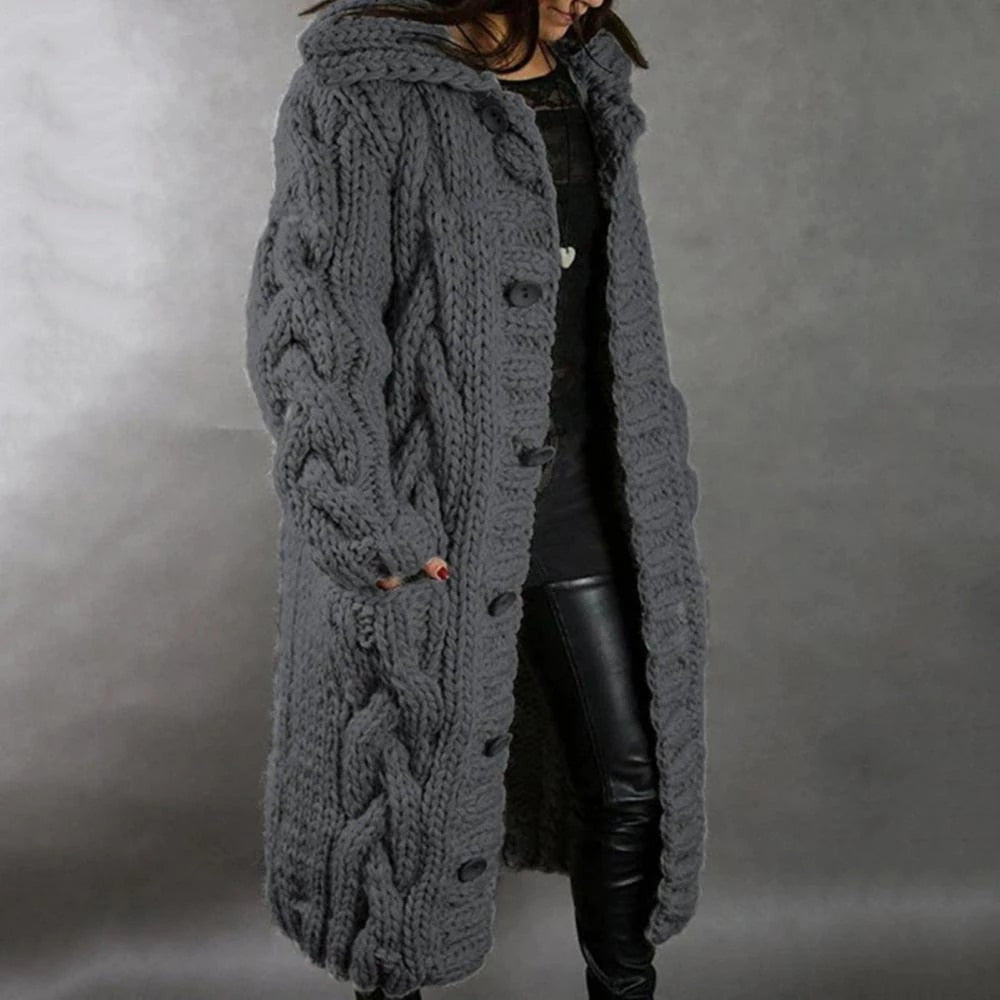 Amy | Long Cable Knit Hooded Cardigan