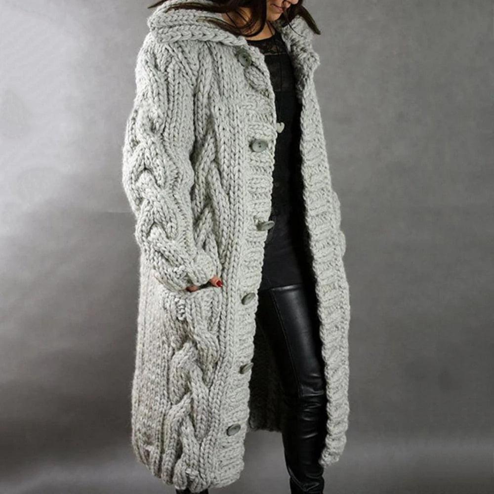 Amy | Long Cable Knit Hooded Cardigan