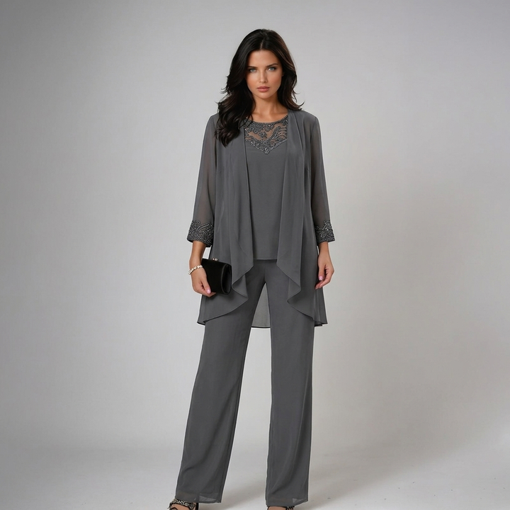 Beaded chiffon wide-leg three-piece set in gray
