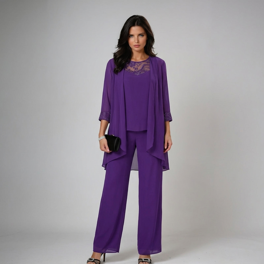 Beaded chiffon wide-leg three-piece set in purple