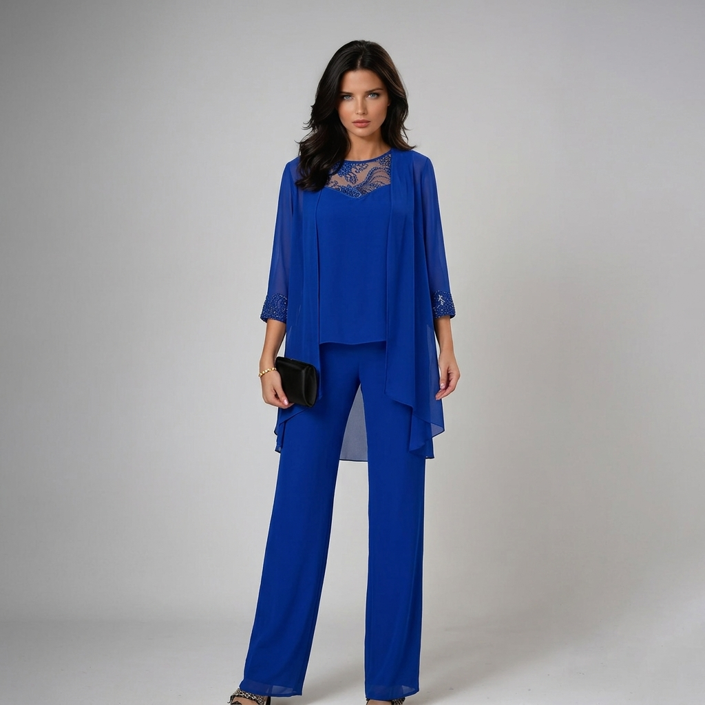 Beaded chiffon wide-leg three-piece set in blue