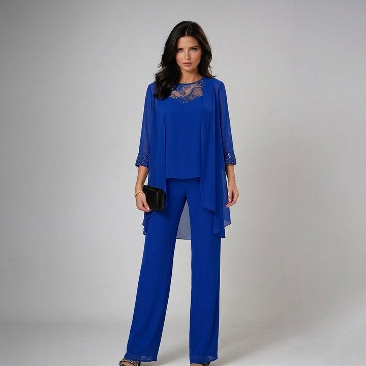 Beaded chiffon wide-leg three-piece set in blue