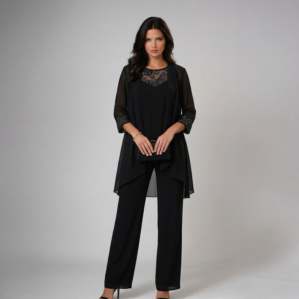 Beaded chiffon wide-leg three-piece set in black
