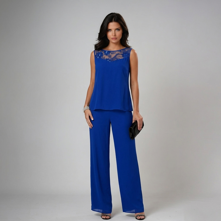 Beaded chiffon wide-leg three-piece set detail view