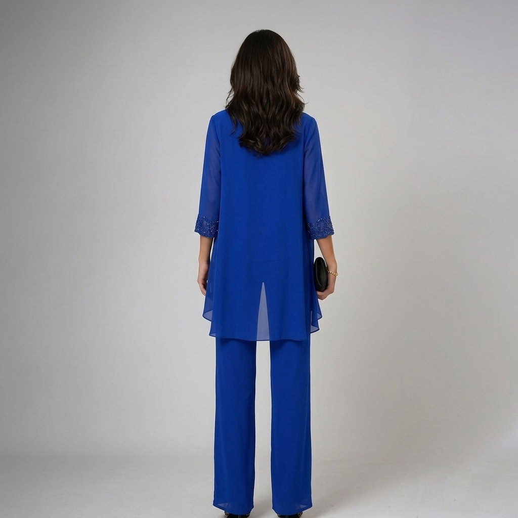 Beaded chiffon wide-leg three-piece set styled look