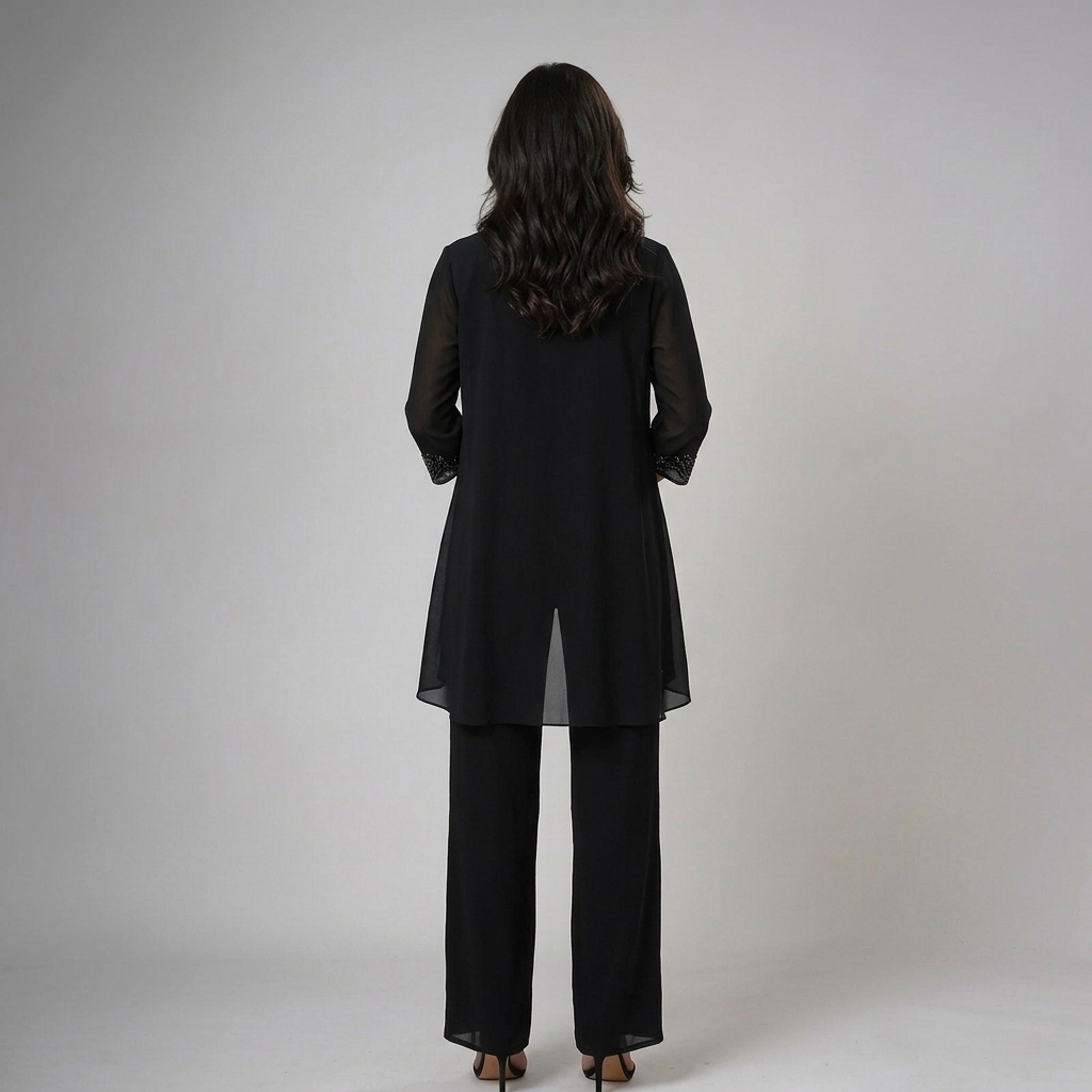 Beaded chiffon wide-leg three-piece set full-length view