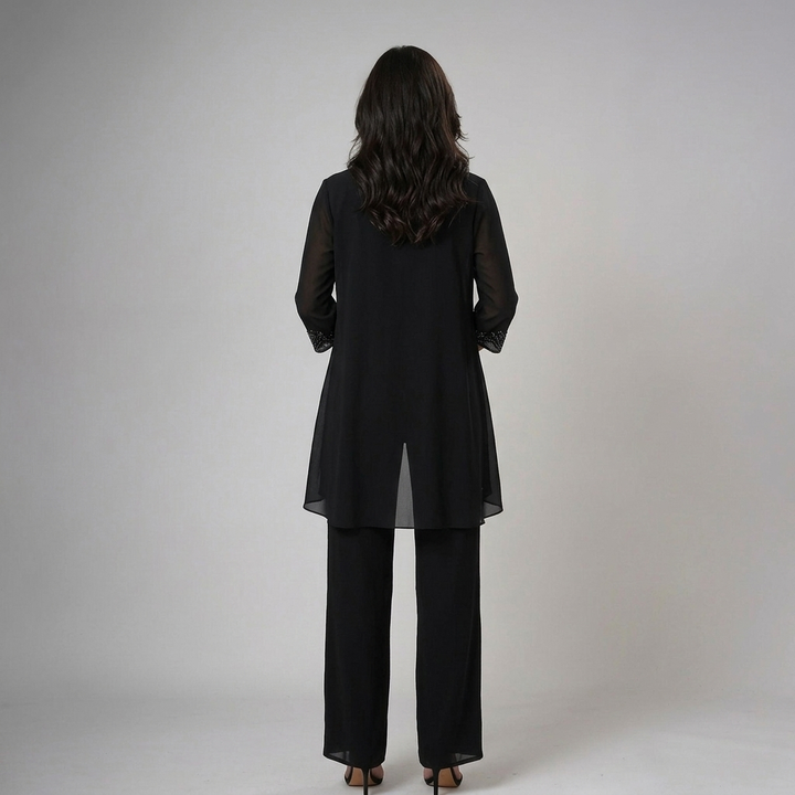 Beaded chiffon wide-leg three-piece set full-length view