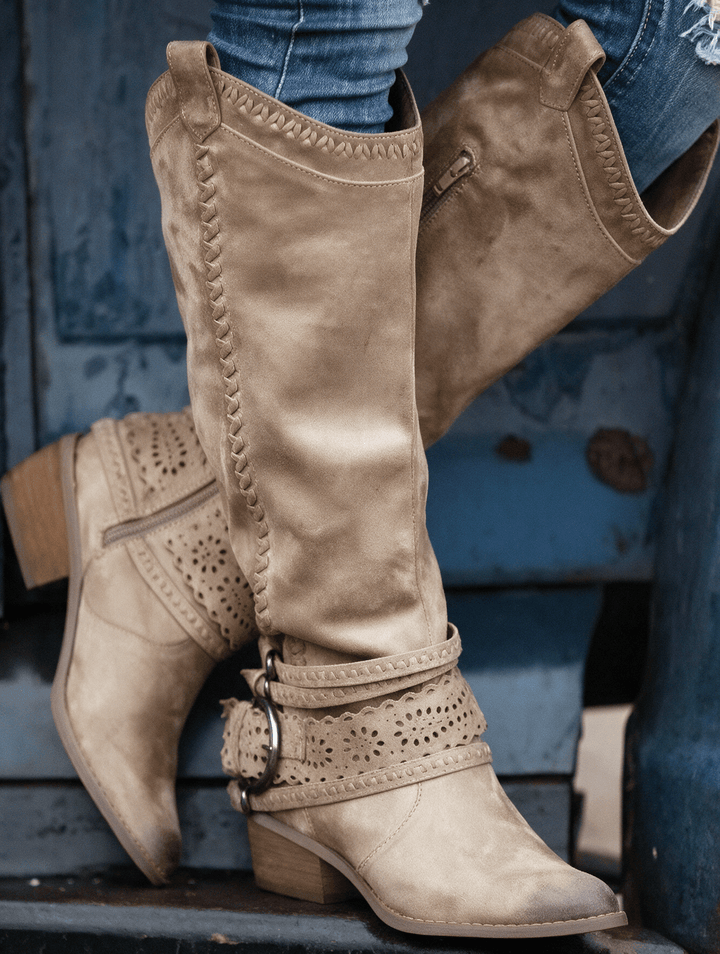 Slouched western boots with harness strap