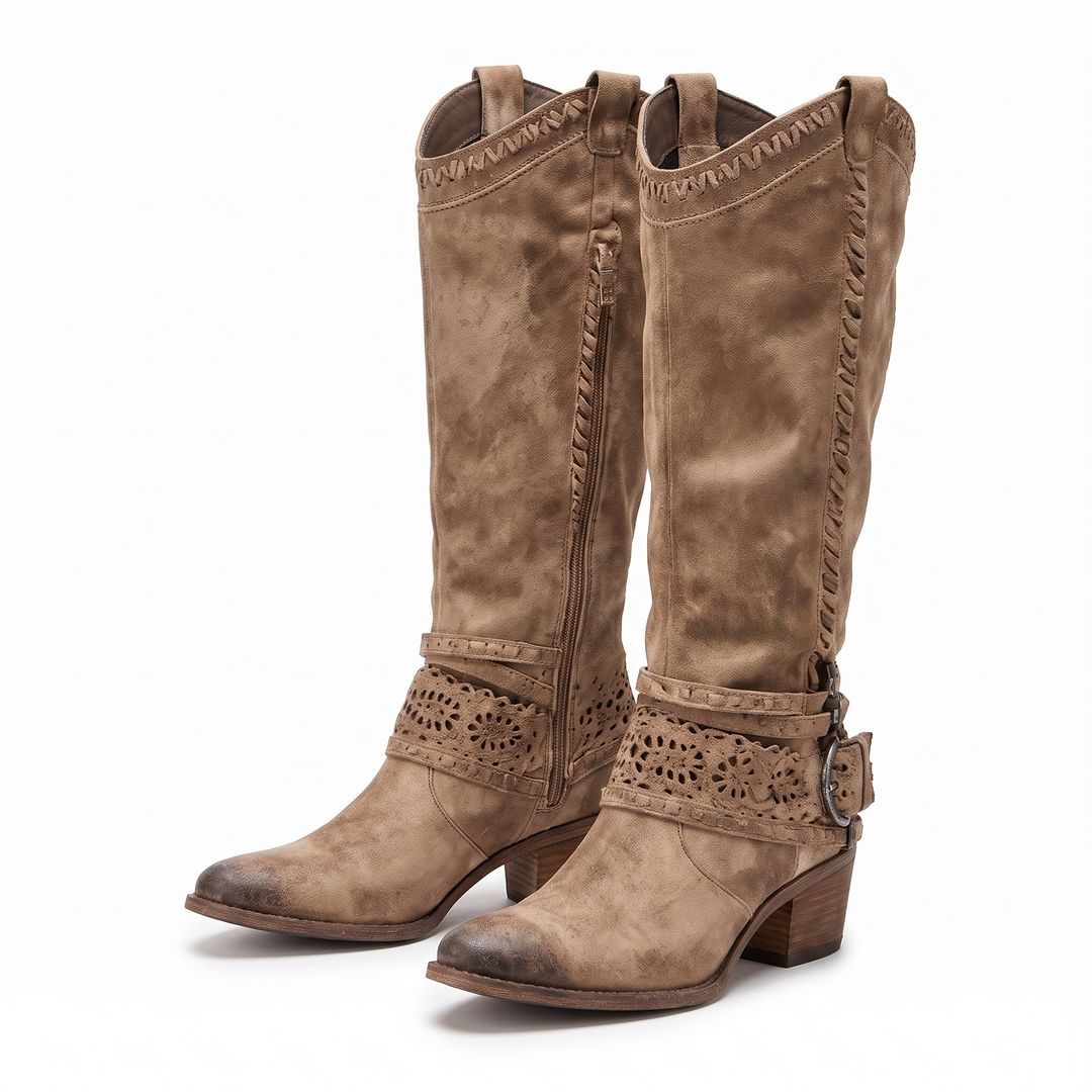 Slouched western boots with harness strap - Khaki