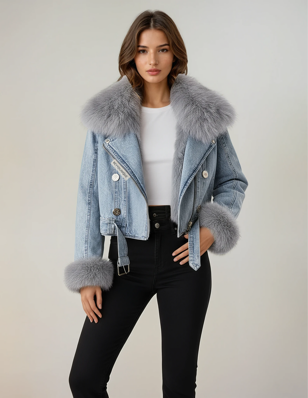 Light blue 2-in-1 denim jacket with removable faux fur