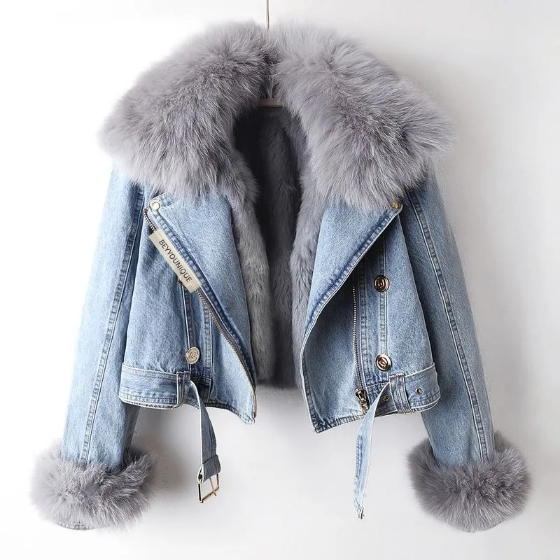 2-in-1 denim jacket with removable faux fur detail view