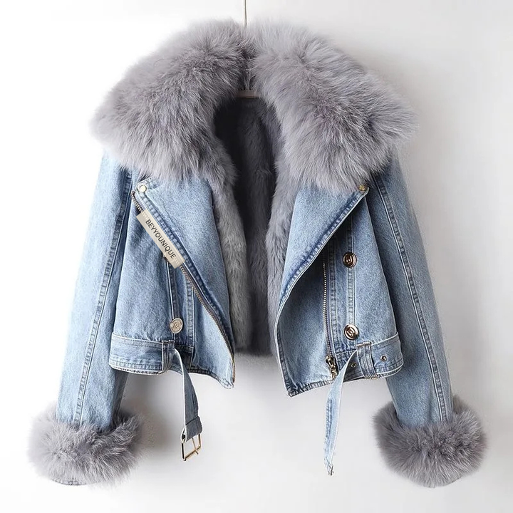 2-in-1 denim jacket with removable faux fur detail view