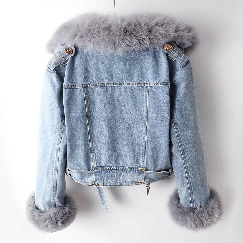 2-in-1 denim jacket with removable faux fur styled outfit