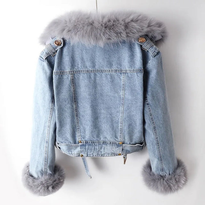 2-in-1 denim jacket with removable faux fur styled outfit