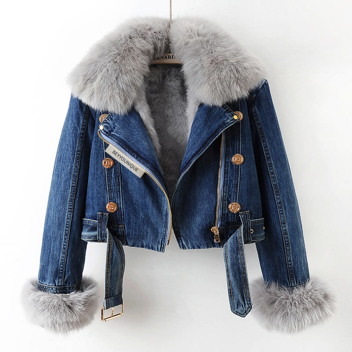 Dark blue 2-in-1 denim jacket with removable faux fur