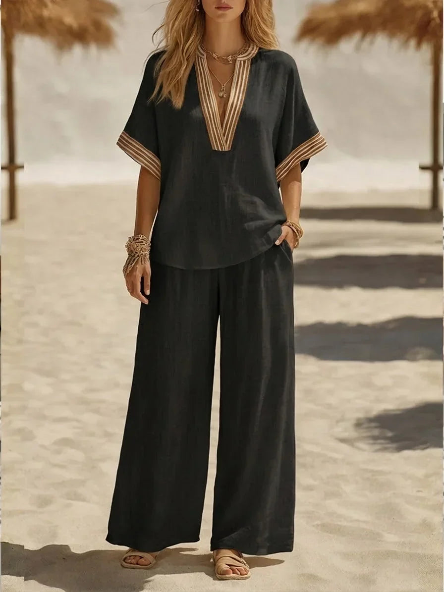 Maribel | Relaxed Linen V-Neck Two-Piece Set